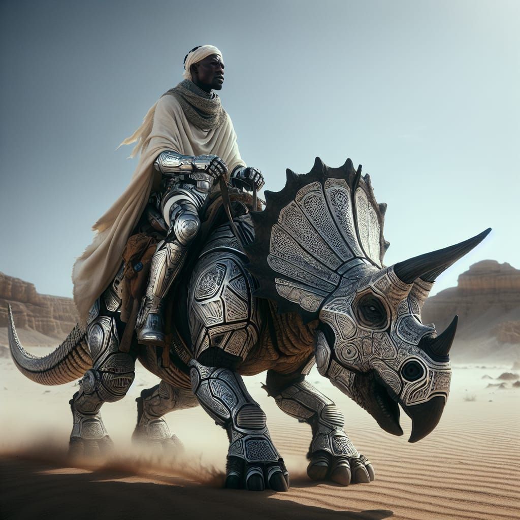 African Man Rides Triceratops in Desert, Cinematic Style