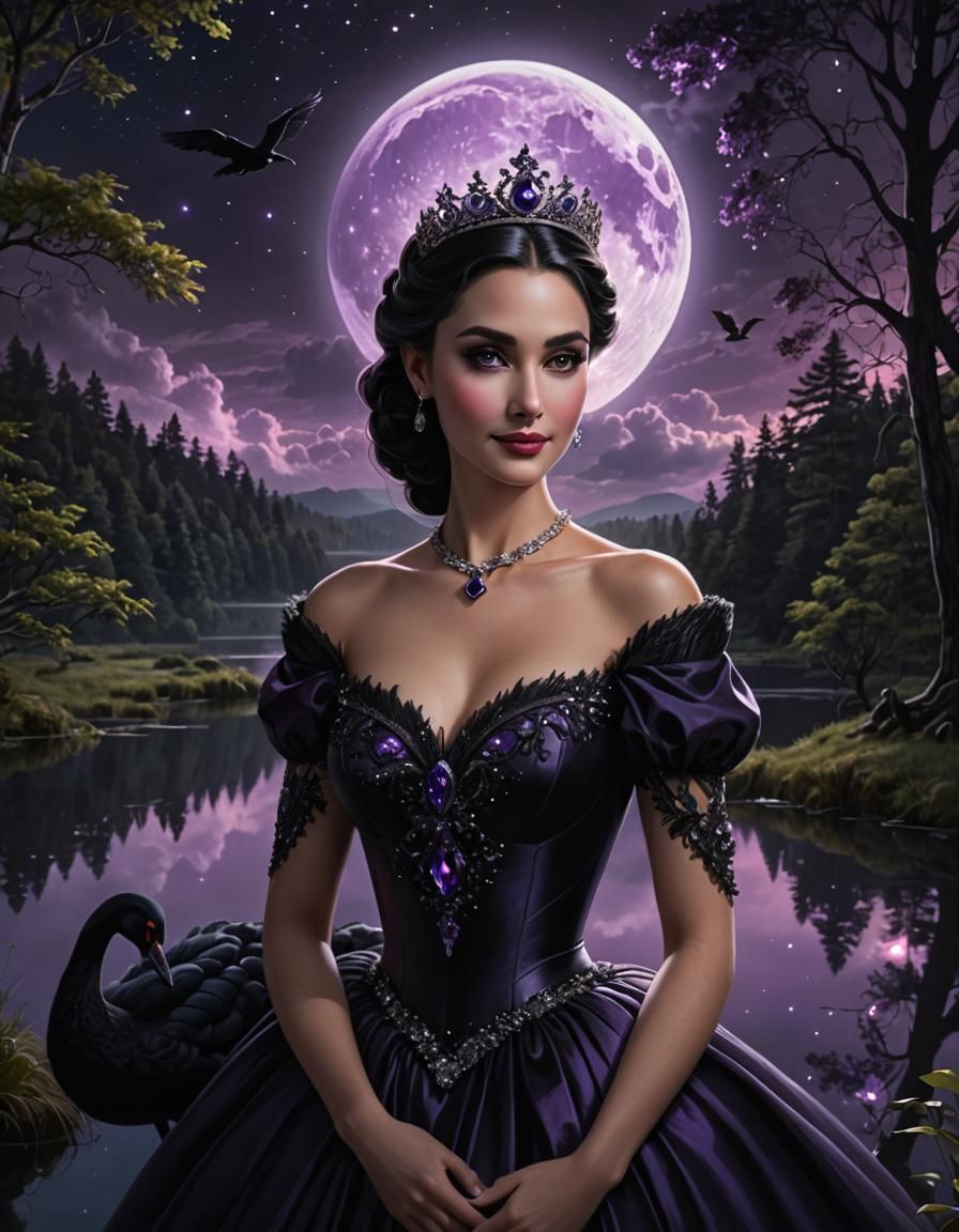 Princess with Black Swan in Dark Forest