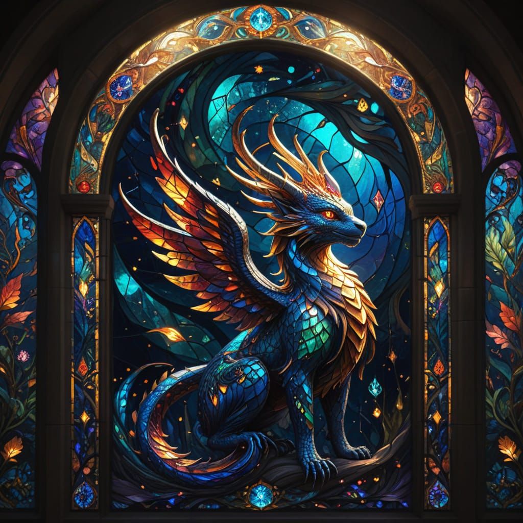 Fantastical Creature in Vibrant Stained-Glass Window Art