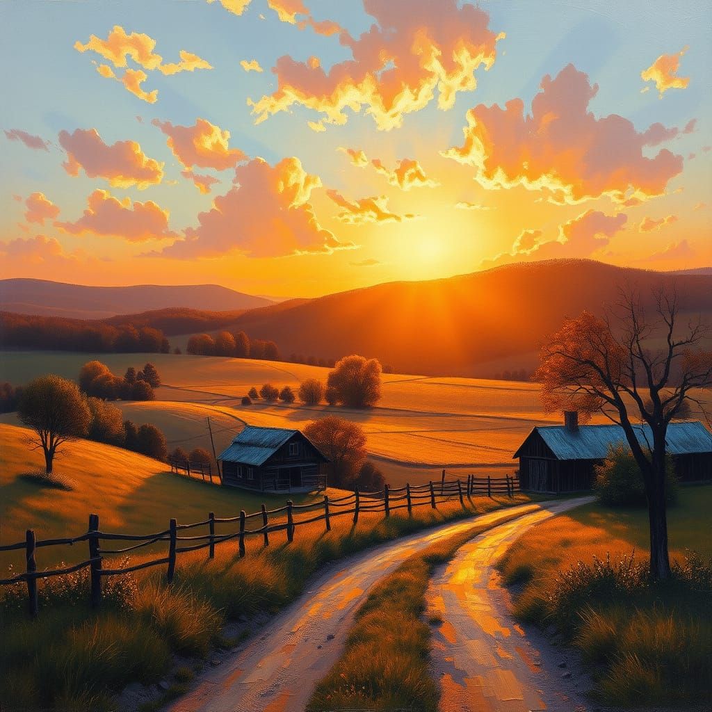 Golden Dawn over a Rustic Farm Landscape