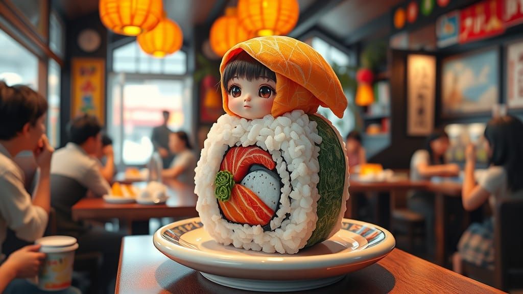 Hyperrealistic BJD Doll as Sushi Roll in 8K HDR