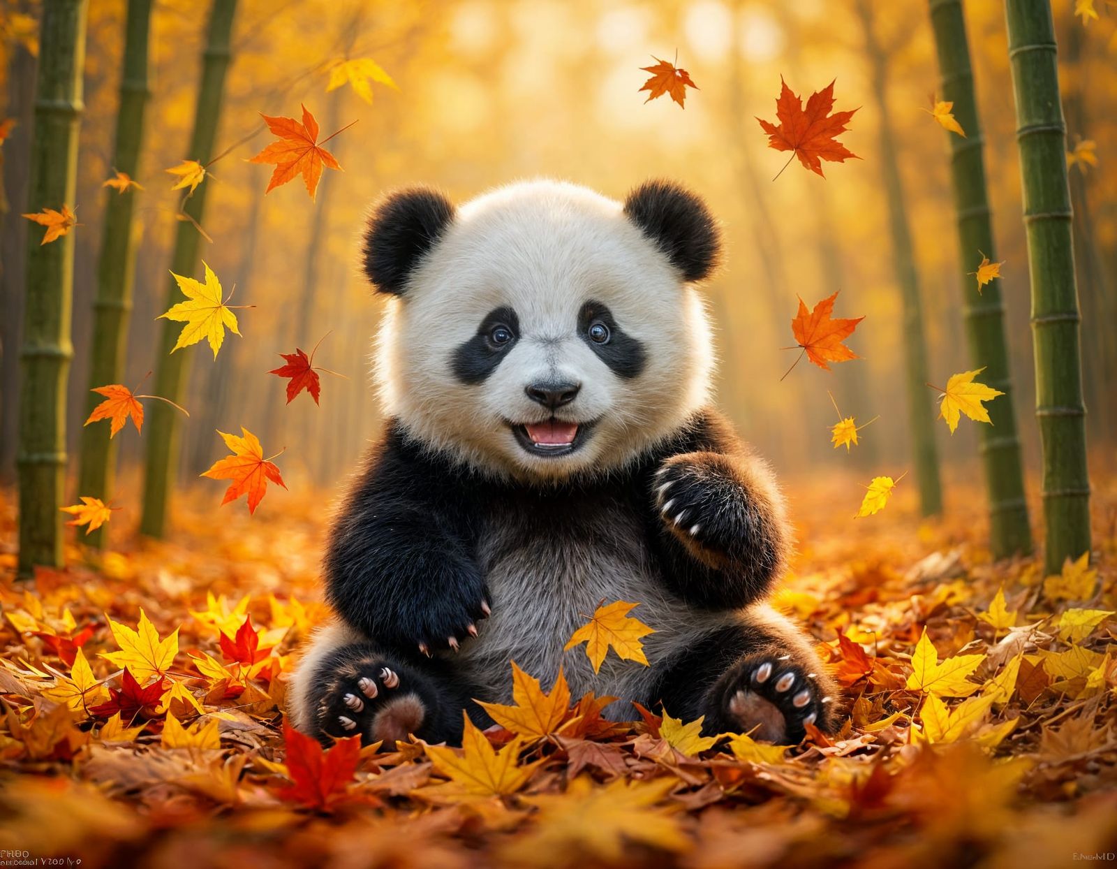 Happy Baby Panda Playing in Autumn Leaves Oil Painting
