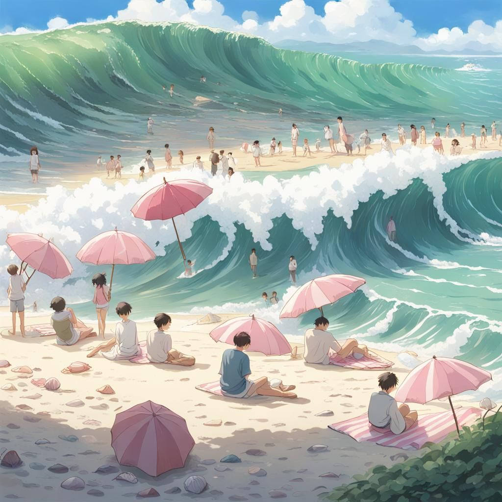 Pink Beach Scene in Studio Ghibli Style