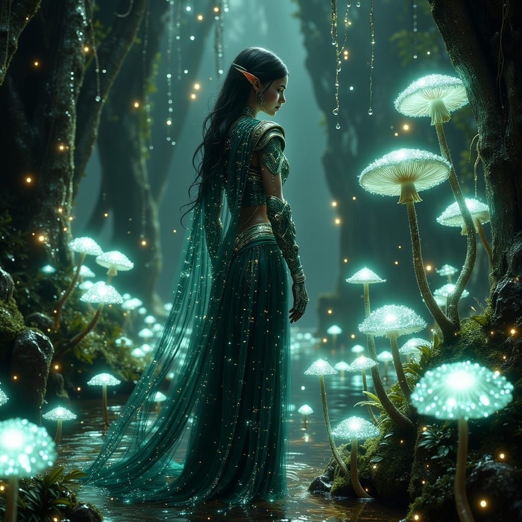 Majestic Dark Elf Amidst Bioluminescent Mushrooms