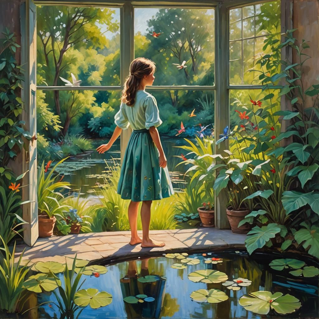 Girl Gazing at Gardens in Impressionist Style