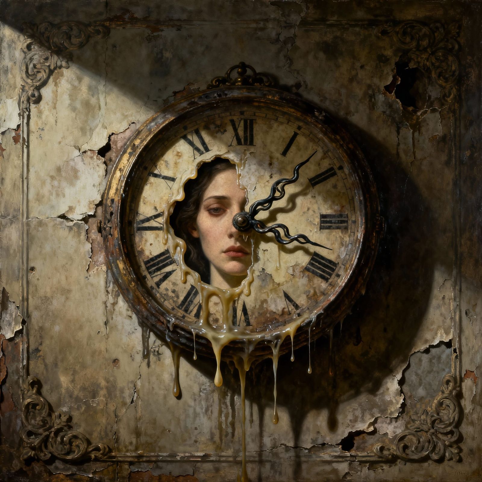 Surrealist Woman's Face in Melting Clock Oil Painting