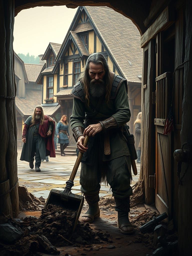 Weary Stablehand in Medieval-Fantasy Village