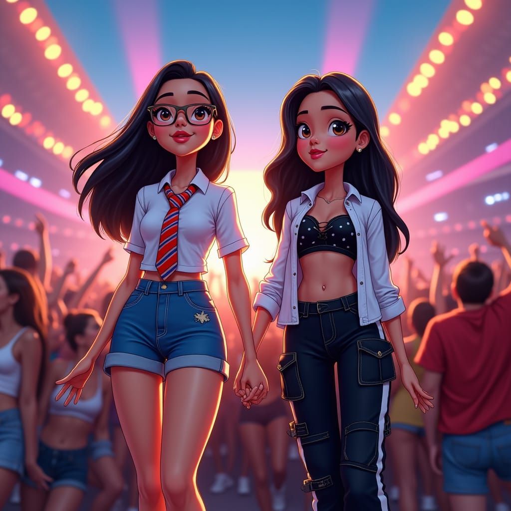 Hyper-Realistic Cartoon Couple at Stadium Concert