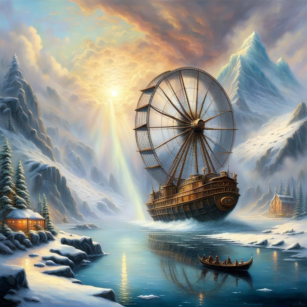 Airship Over Antarctica in Ethereal Fantasy Style