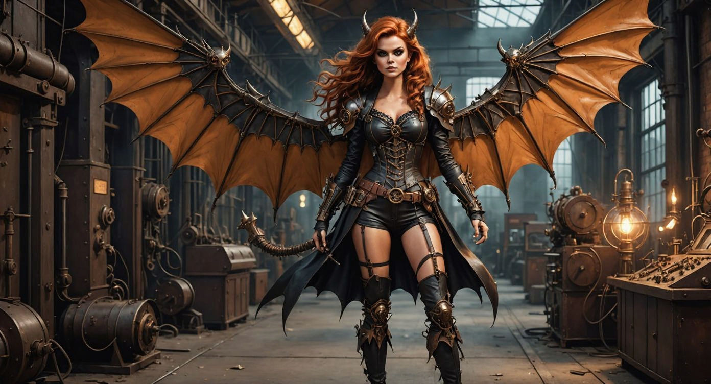 Steampunk Demoness with Mechanical Wings in Factory