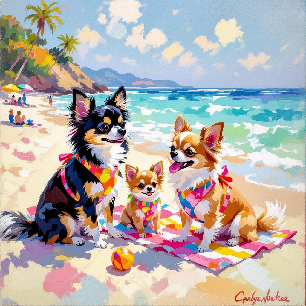 Chihuahua Family's Beach Day in Impressionist Style