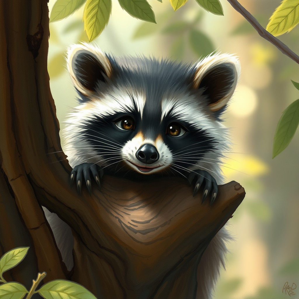 Raccoon Peeking in Forest, Whimsical Illustration