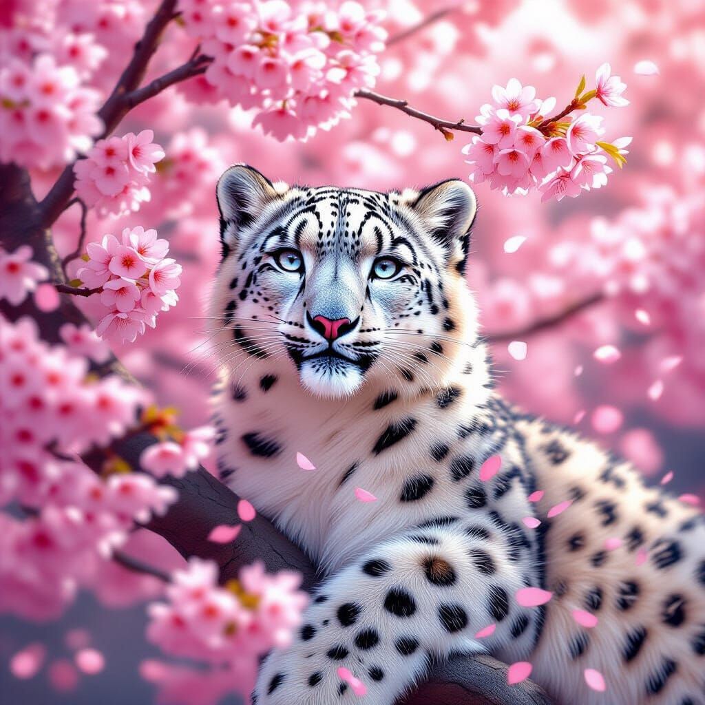 Snow Leopard in Cherry Tree with Sparkling Fur
