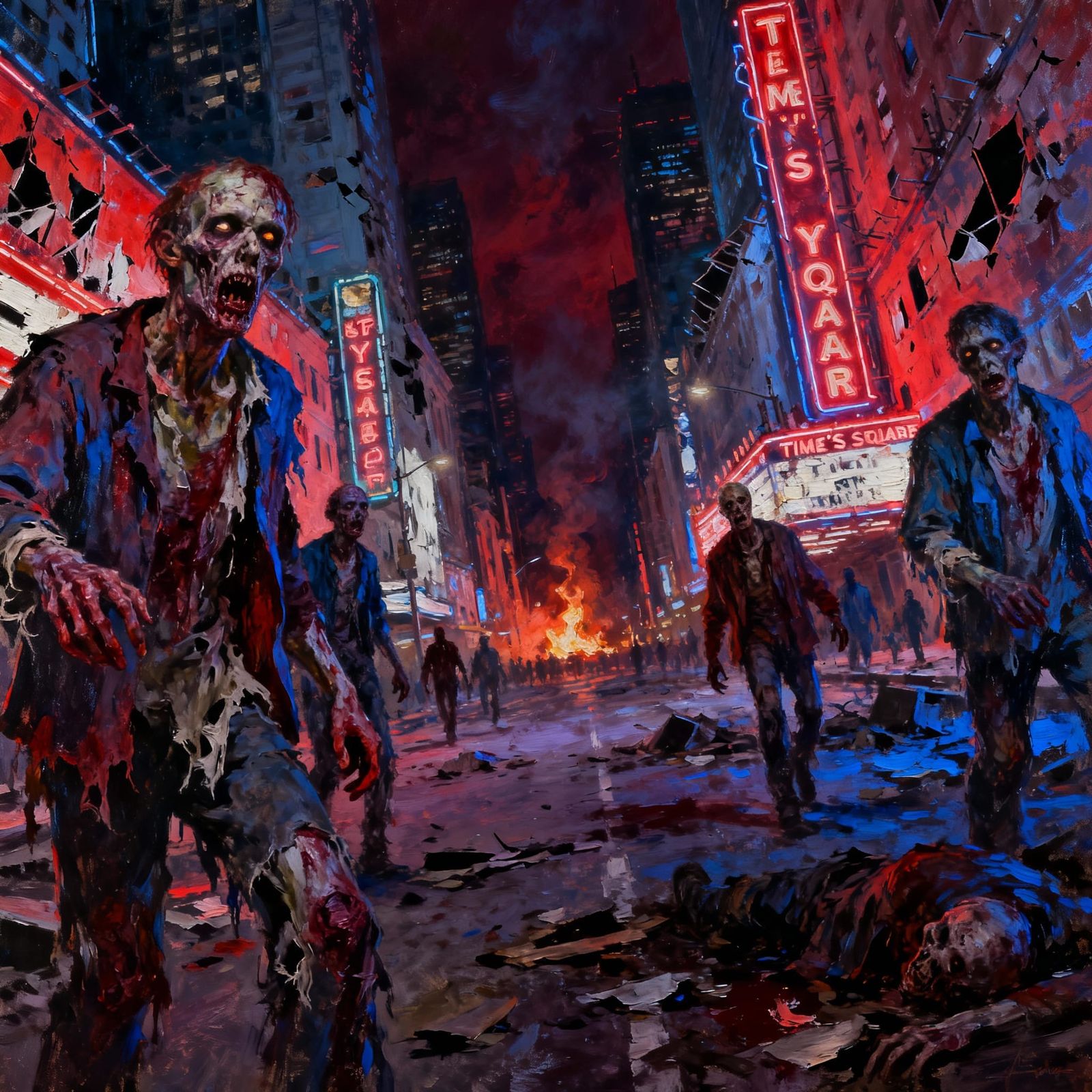 Post-Apocalyptic Zombies in Times Square Oil Painting