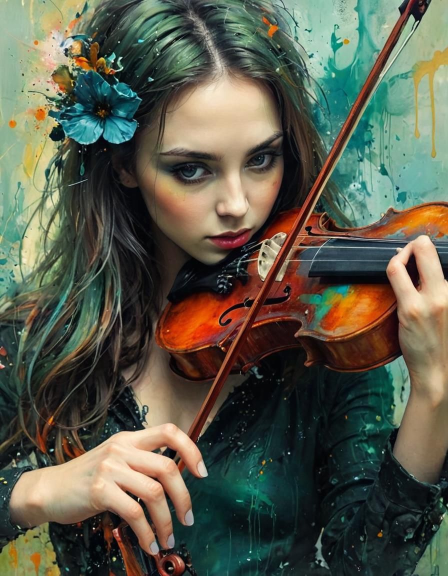 Surreal Violinist in Abstract Splatter Paint Style