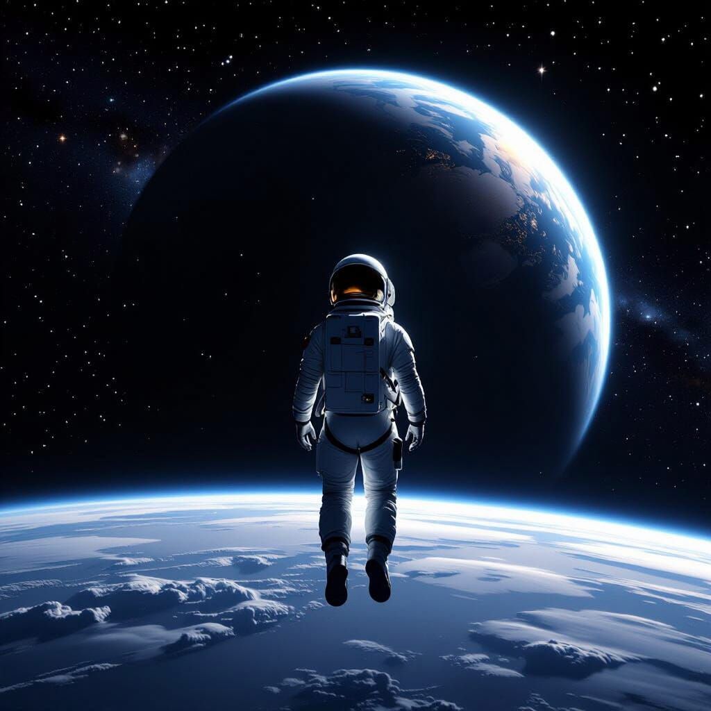 Astronaut Gazing at Earth from Space in Photorealistic Style
