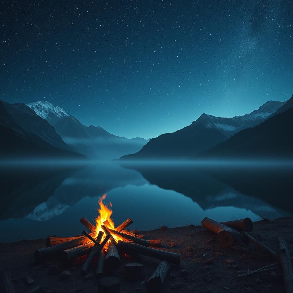 Starry Night Lake with Campfire: Dreamy Landscape Art