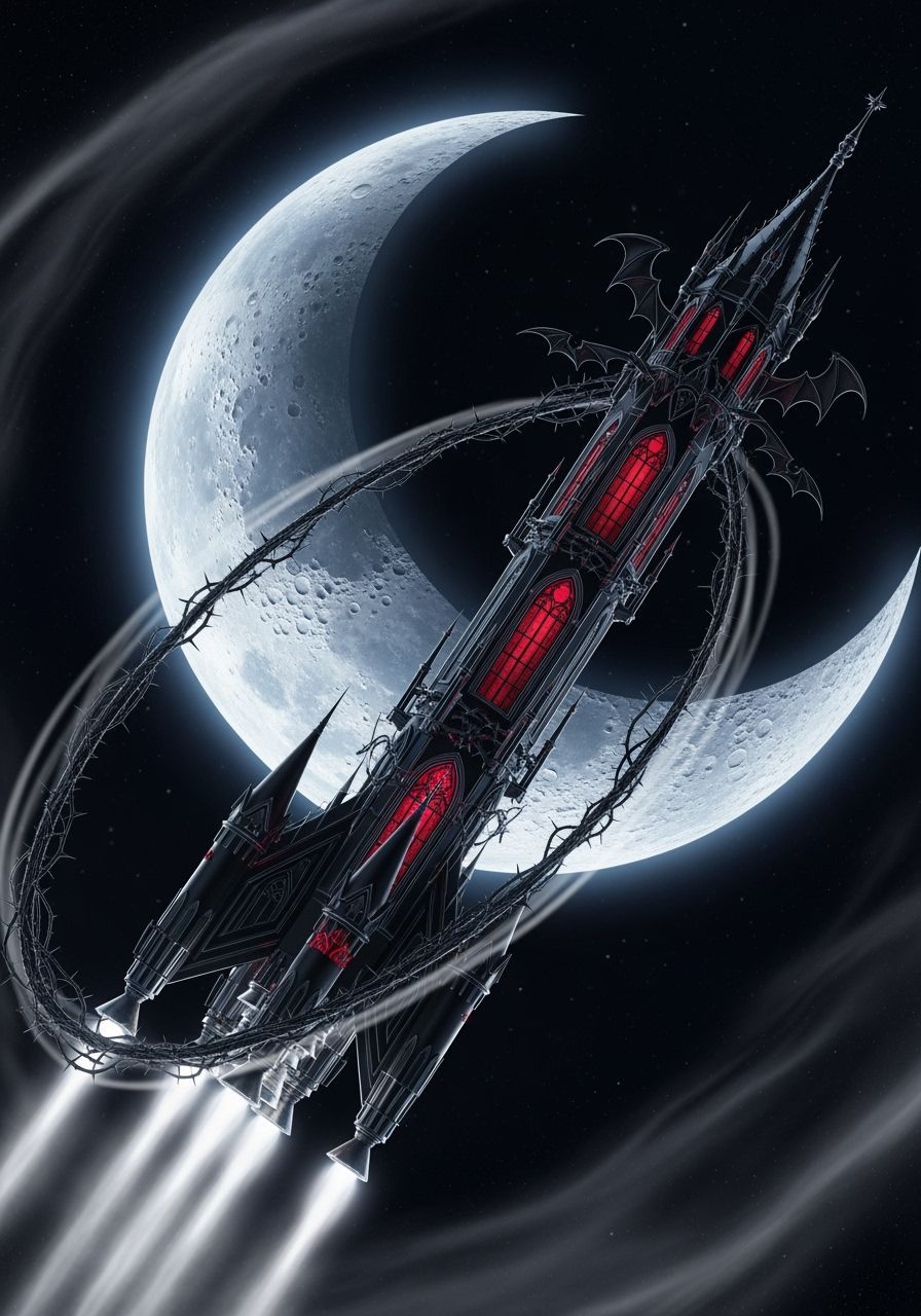 Surreal Gothic Rocket Orbits Silver Moon