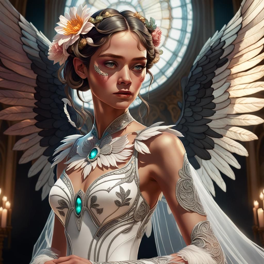 Winged Woman Portrait in Hyperdetailed Style