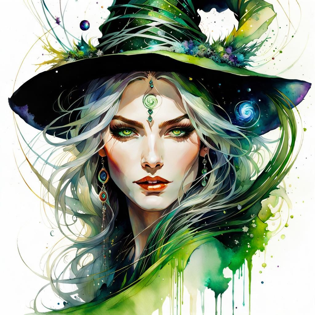 Watercolor Green Witch Portrait