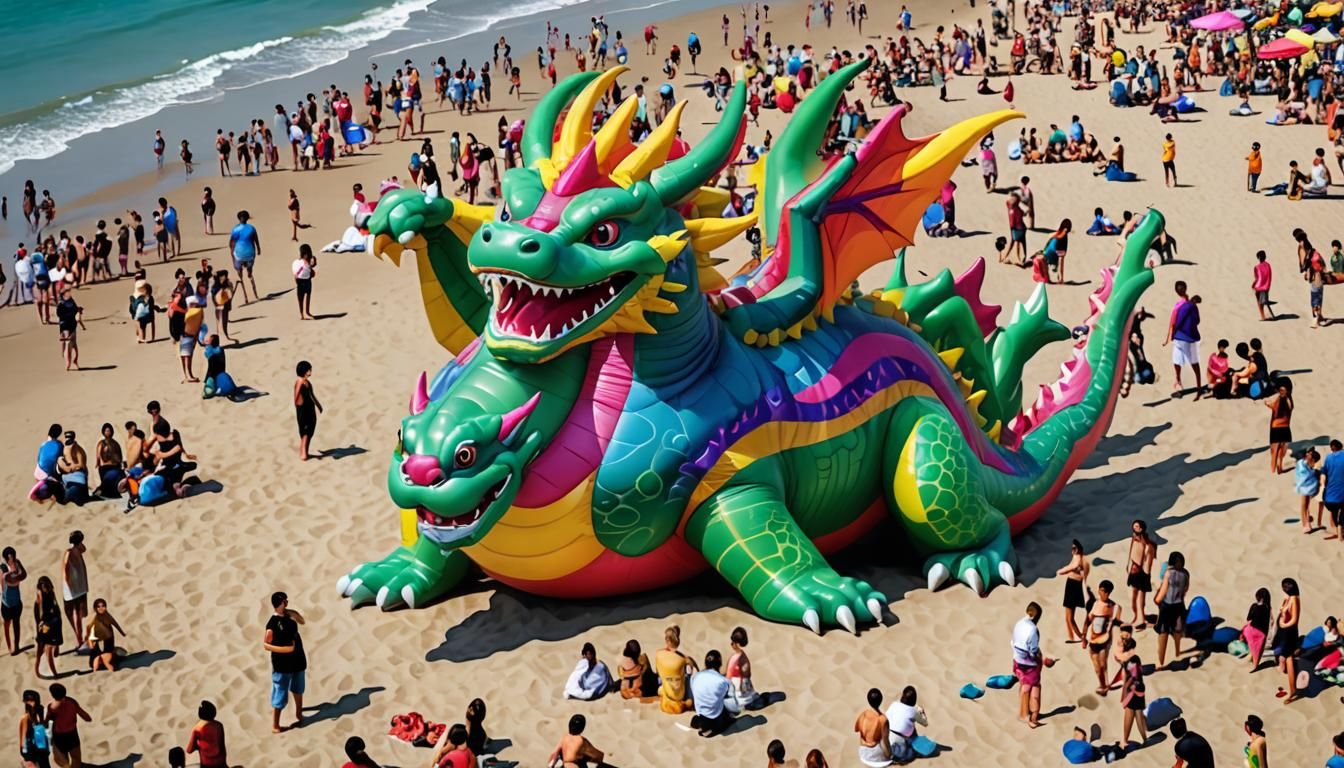Colorful Inflatable Dragon on Crowded Beach