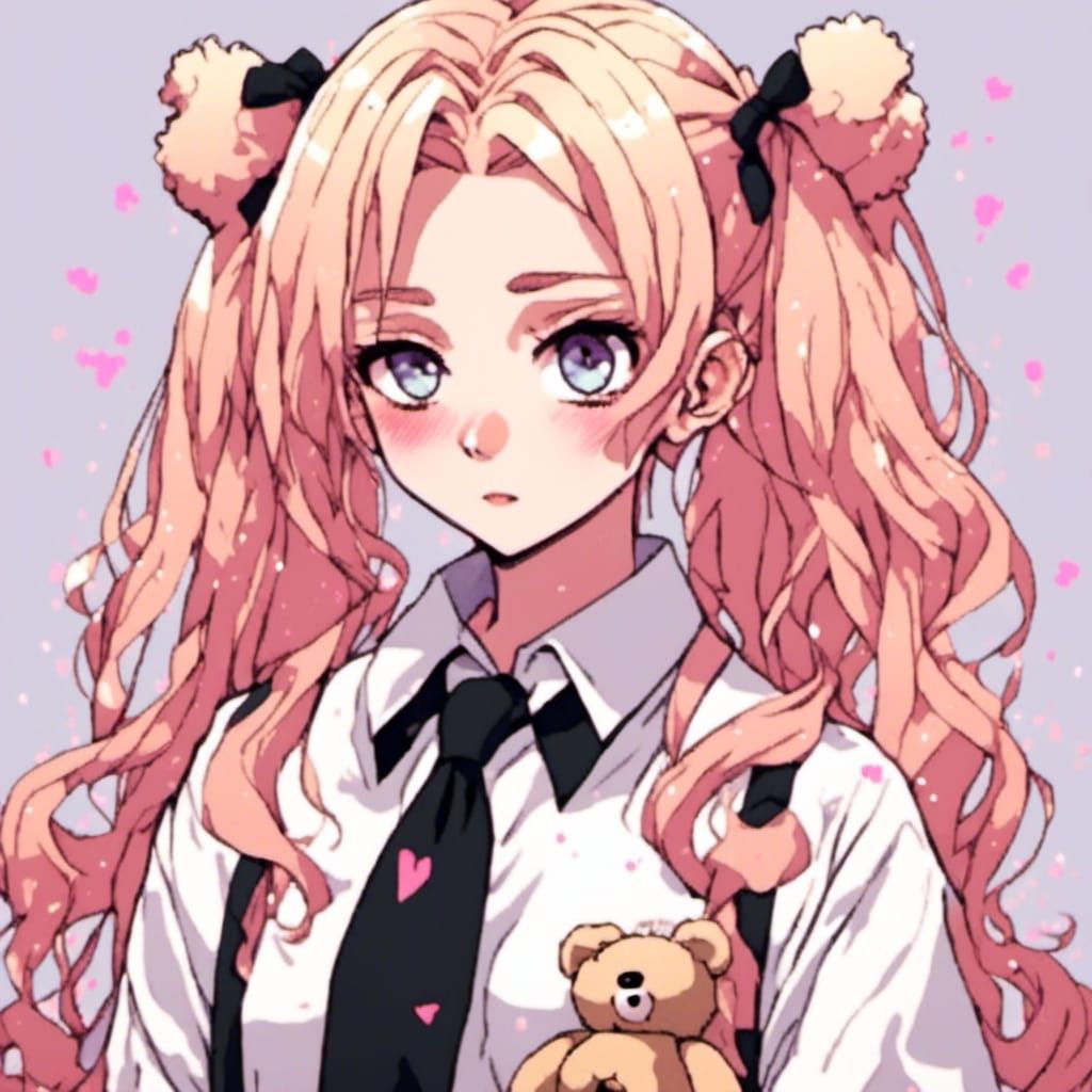 Anime-Style Schoolgirl with Teddy Bear Hair Clips