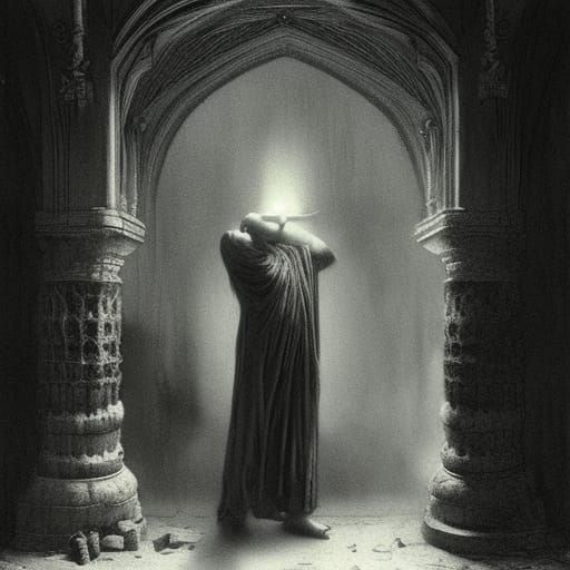 Monk's Quest for Gold: Hyperdetailed Charcoal Drawing