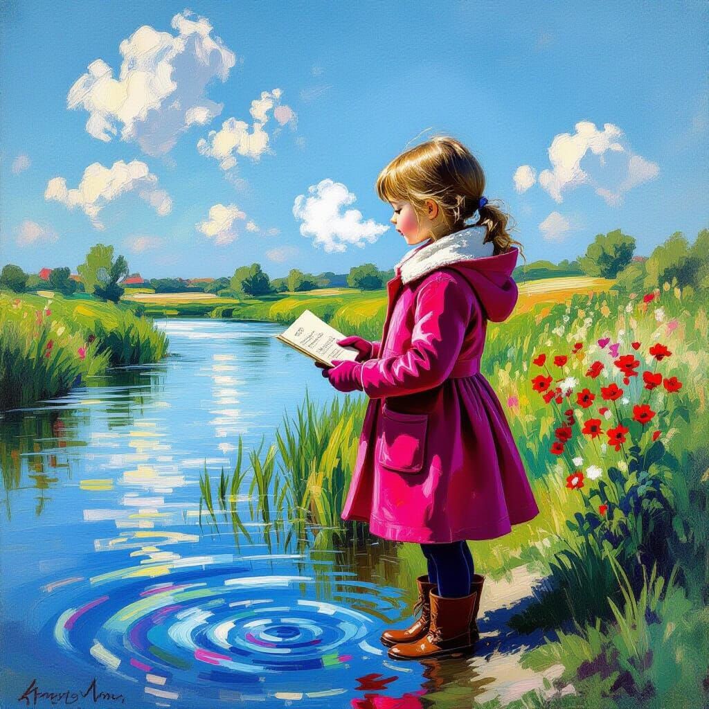 Girl by Shimmering Riverbank in Impressionistic Style