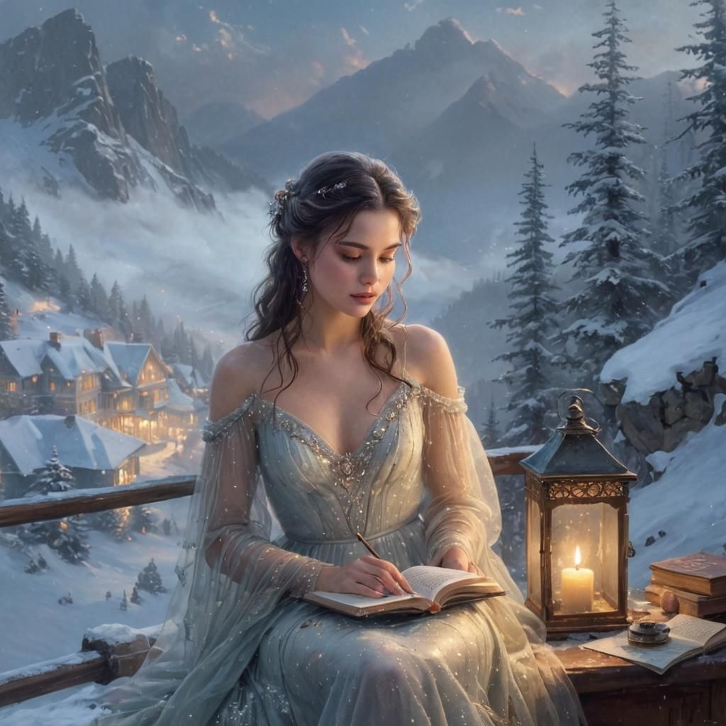 Ethereal Woman Unveiling Universe Secrets in Snowy Mountains