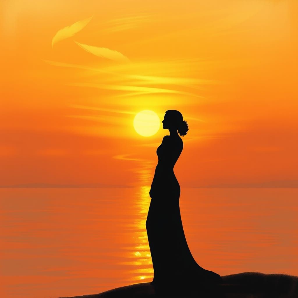 Woman at Sunset Lake in Soft Impressionist Style