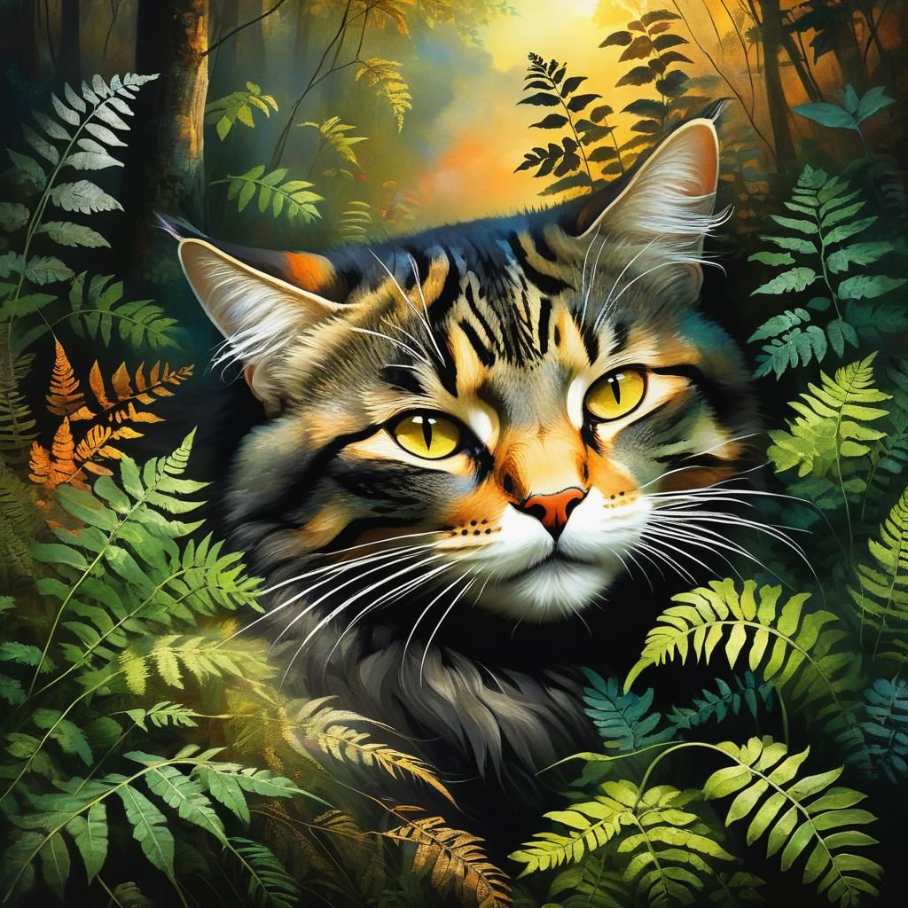 Maine Coon Cat among Ferns