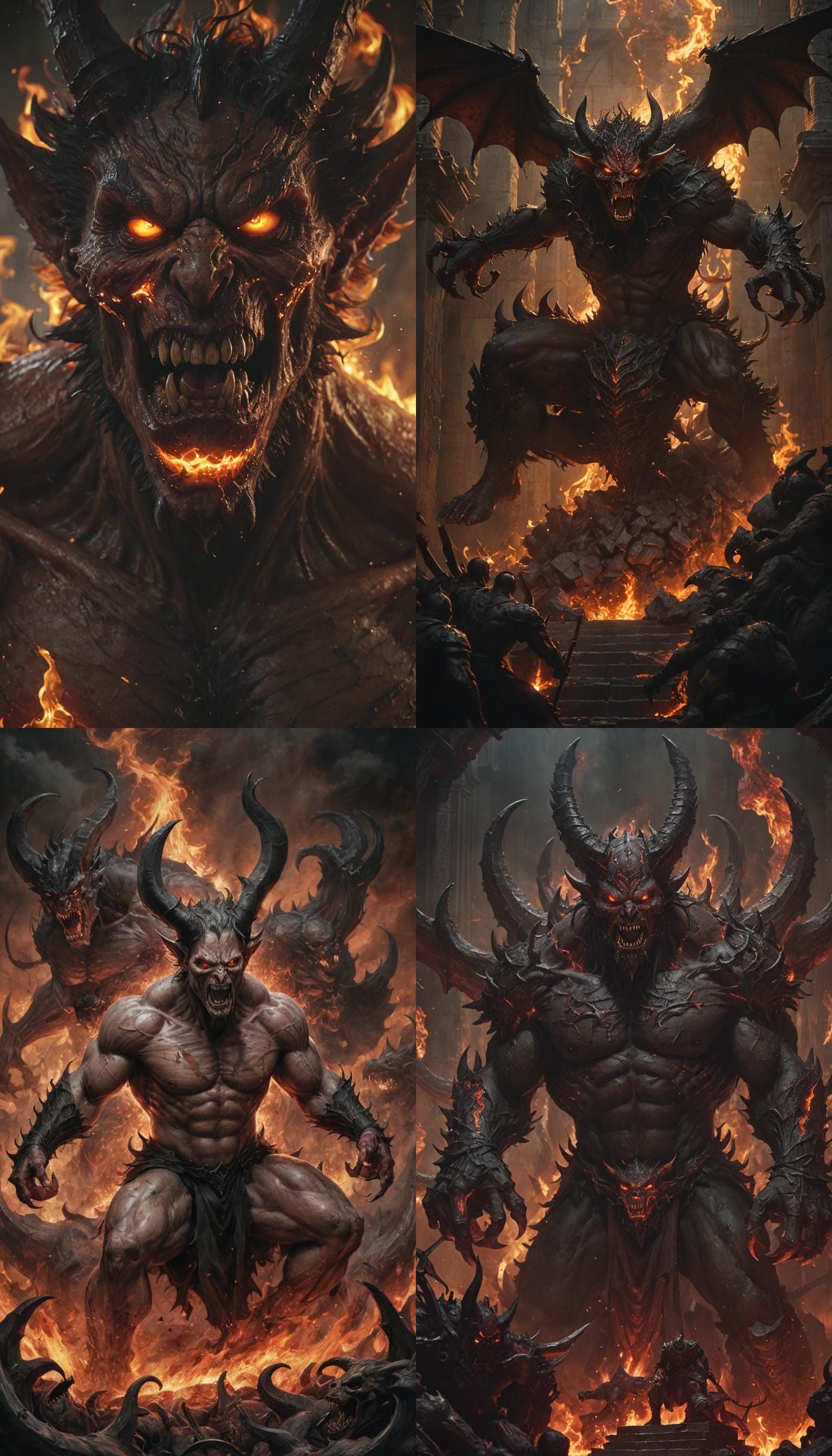 "Aggressive demon ripping apart soul after soul, hunter for majestic lord (Satan:1.2)." Sharp detailed ZBrushed fire; 3d...