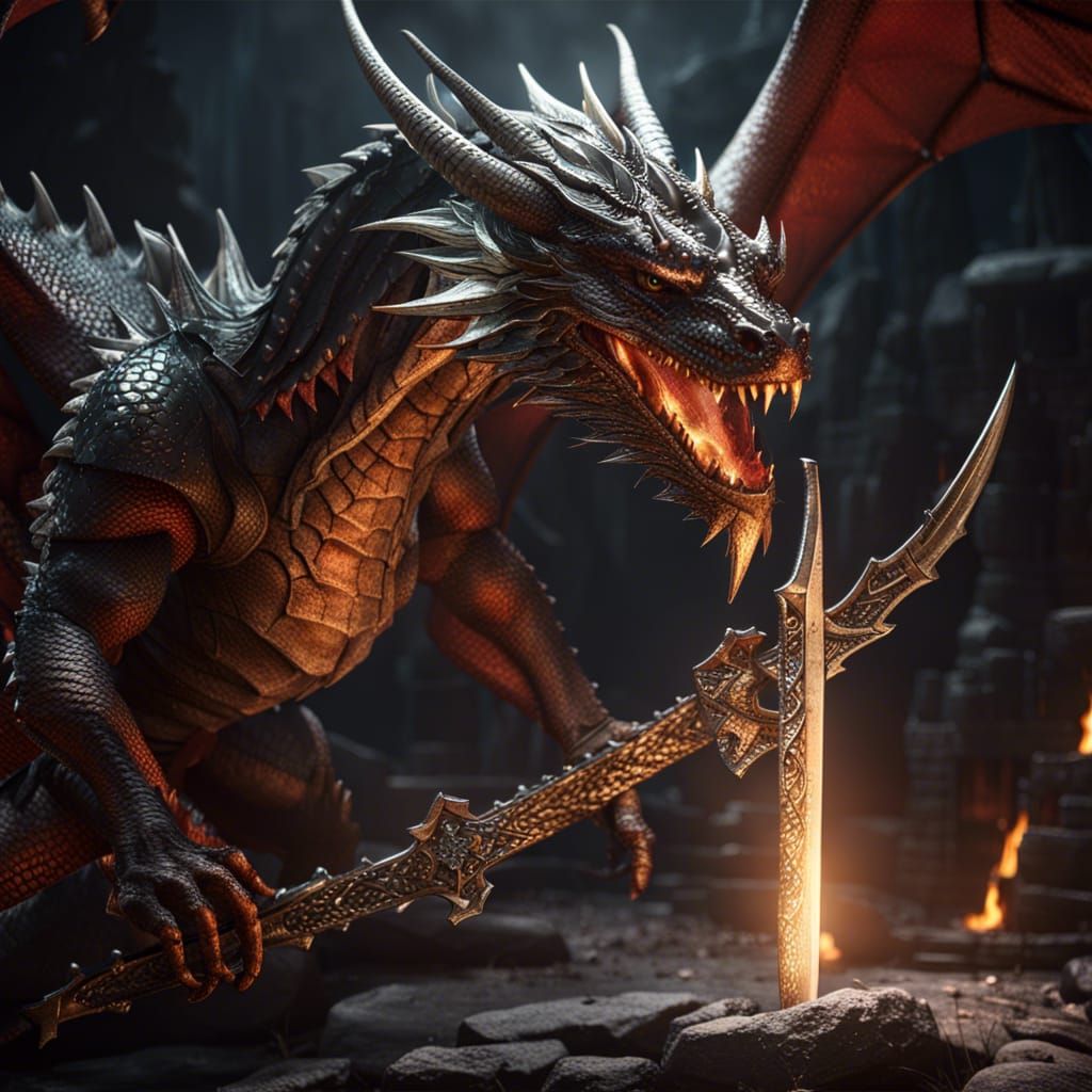 Epic Dragon with Sword in 3D Game Style