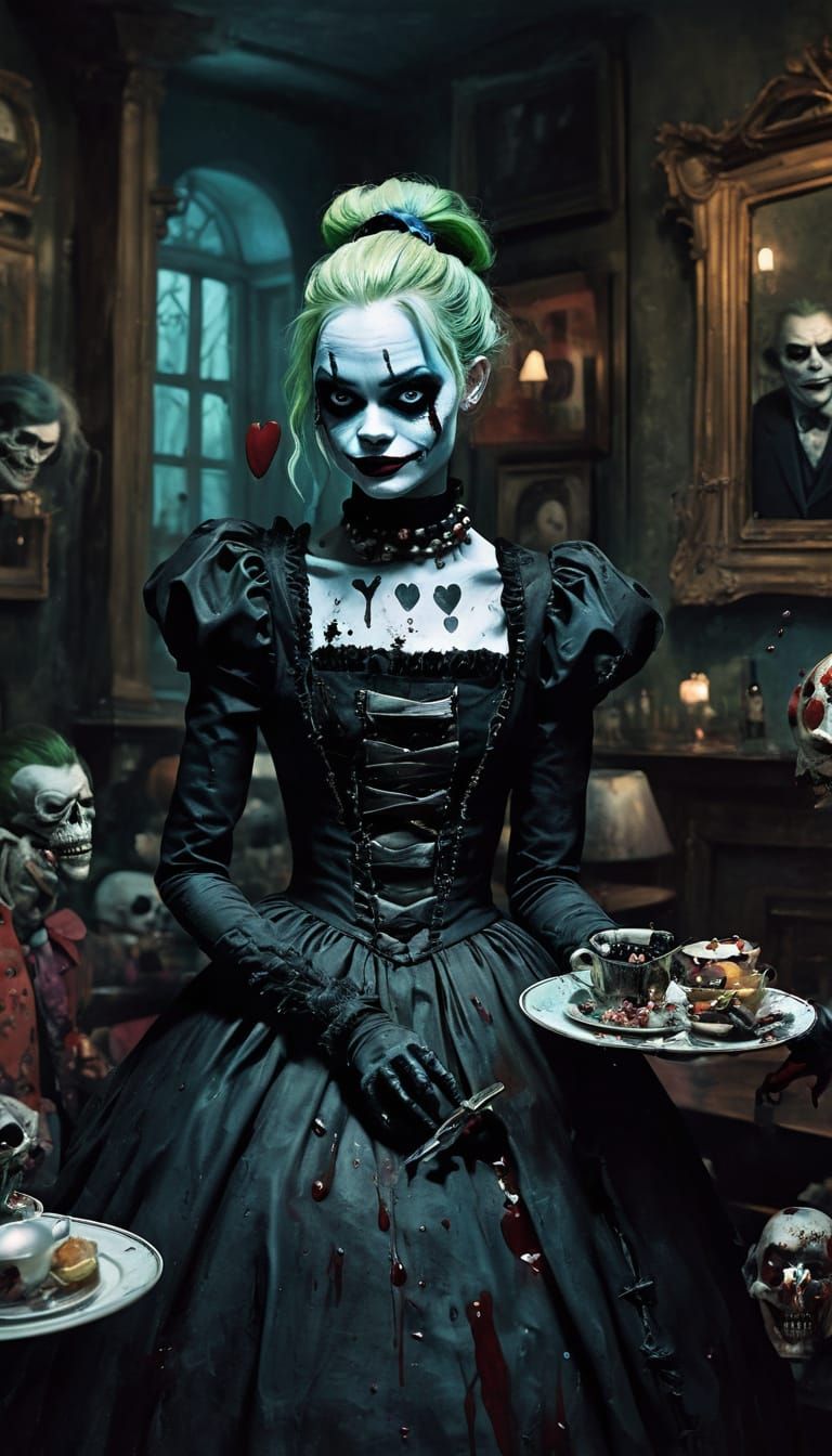 Harley Quinn and Joker's Dark Tea Party, Oil Painting