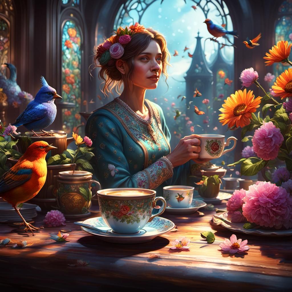 Floral Coffee Scene in Dark Fantasy Style