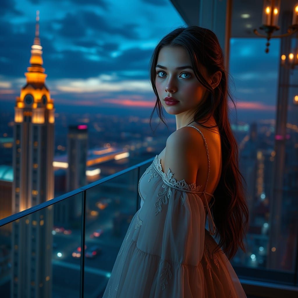 Ethereal European Teen Girl on Glass Balcony in Dreamy Citys...