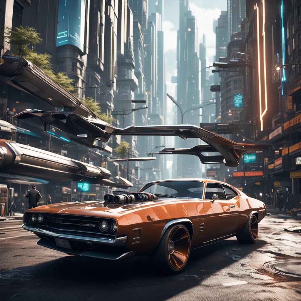 Cyberpunk Muscle Car in Futuristic City