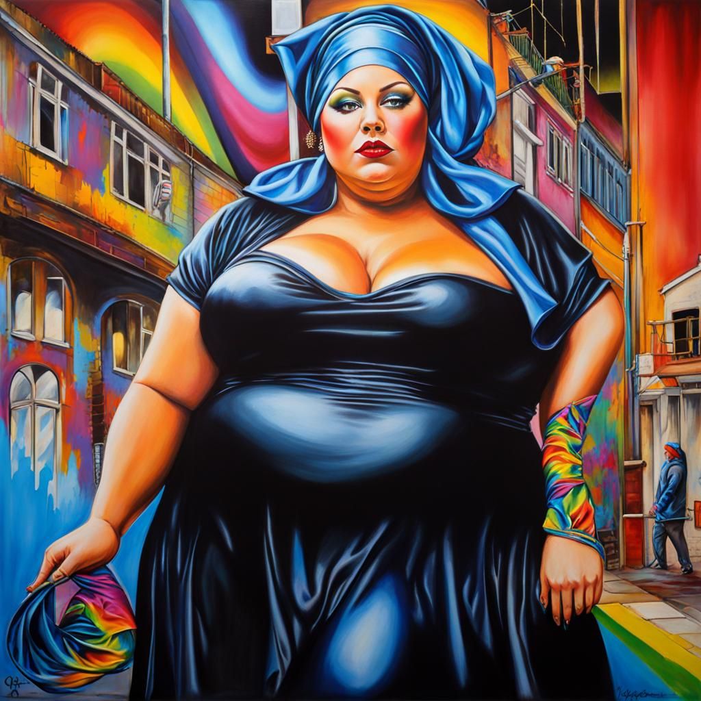 BBW Woman in Rainbow Satin Outfit, Graffiti Art Style