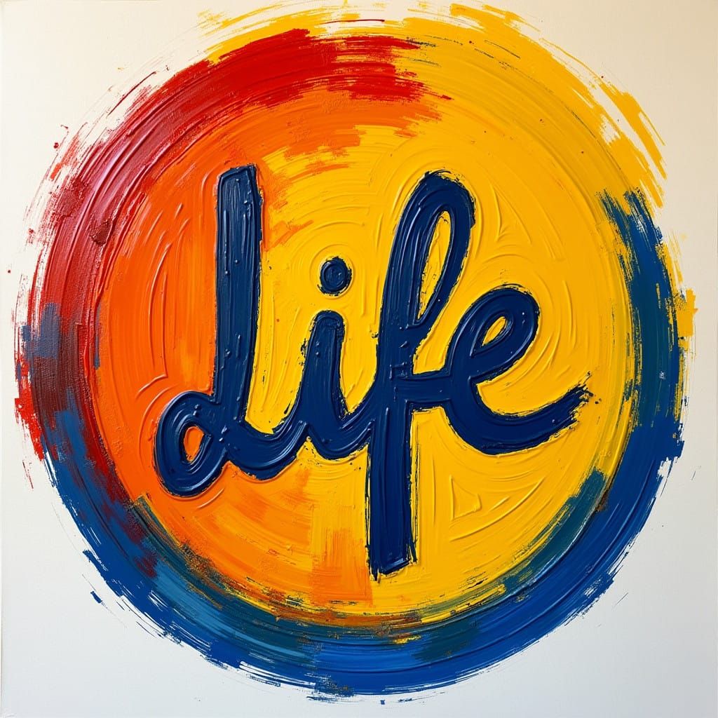 Bold Impasto Circle with Cursive 'Life' in Vibrant Primary C...