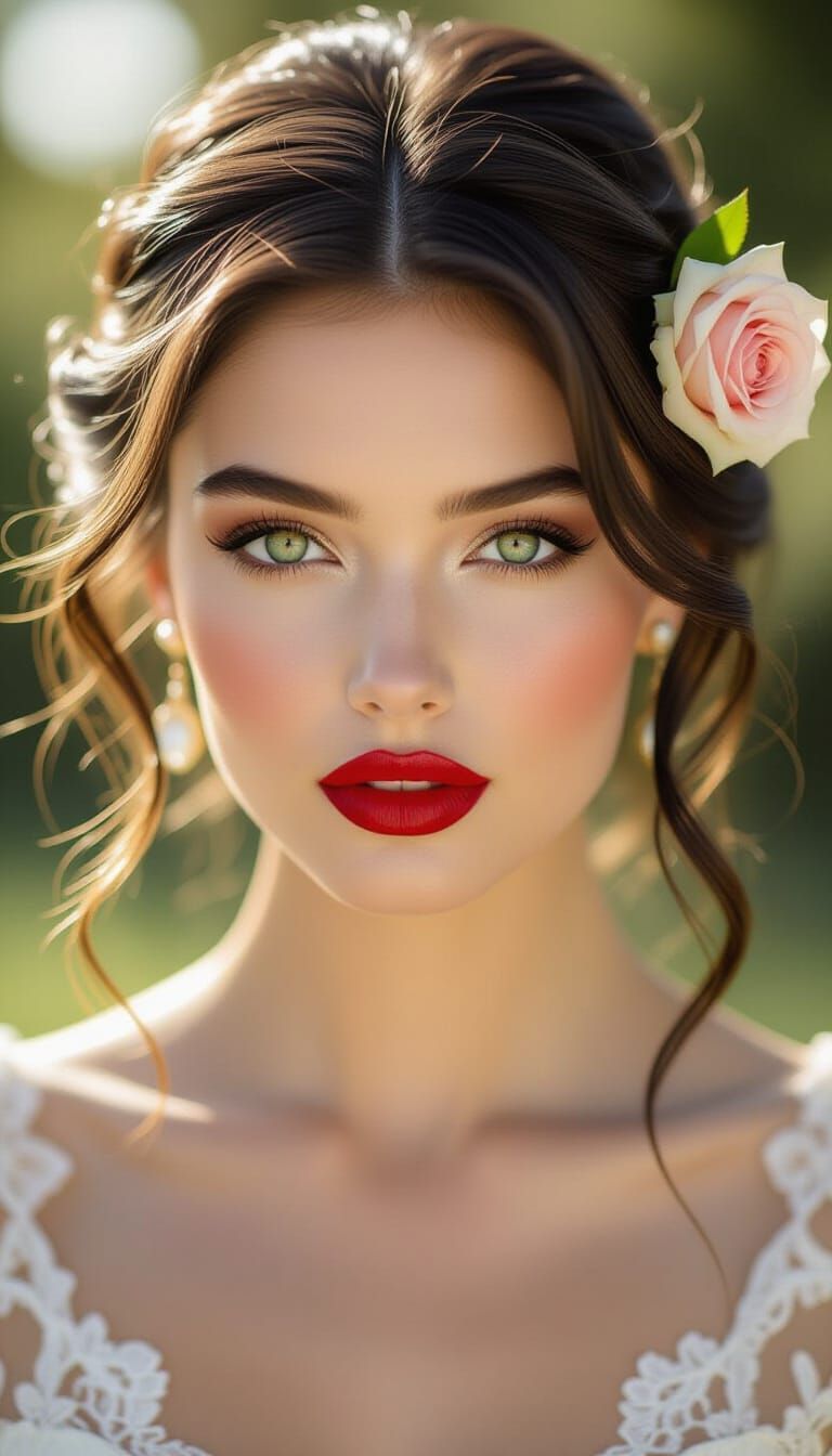 Brunette Lady with Green Eyes and Red Lips in Golden Hour Gl...