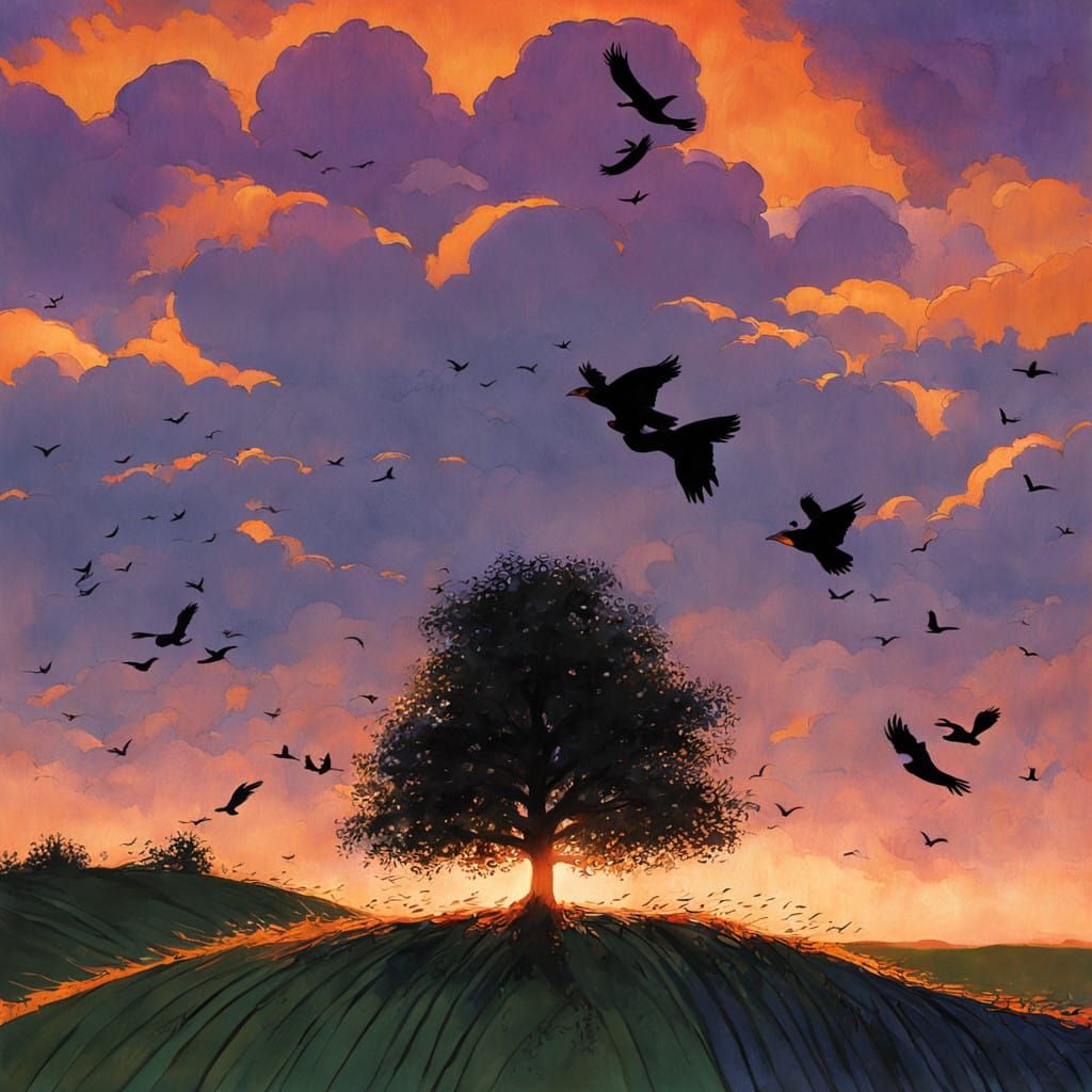 Serene Sunset Countryside with Silhouetted Crows