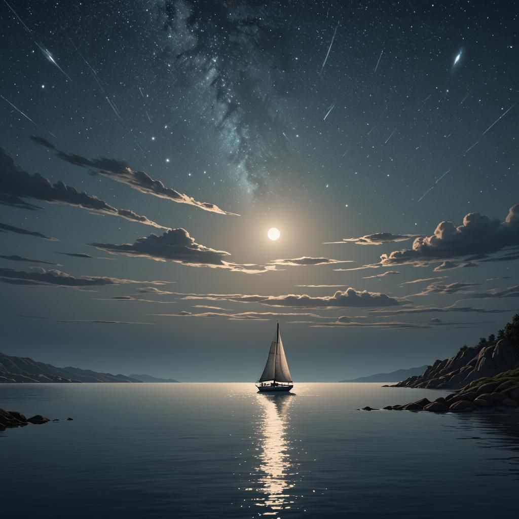Sailboat on Calm Sea Under Starry Sky