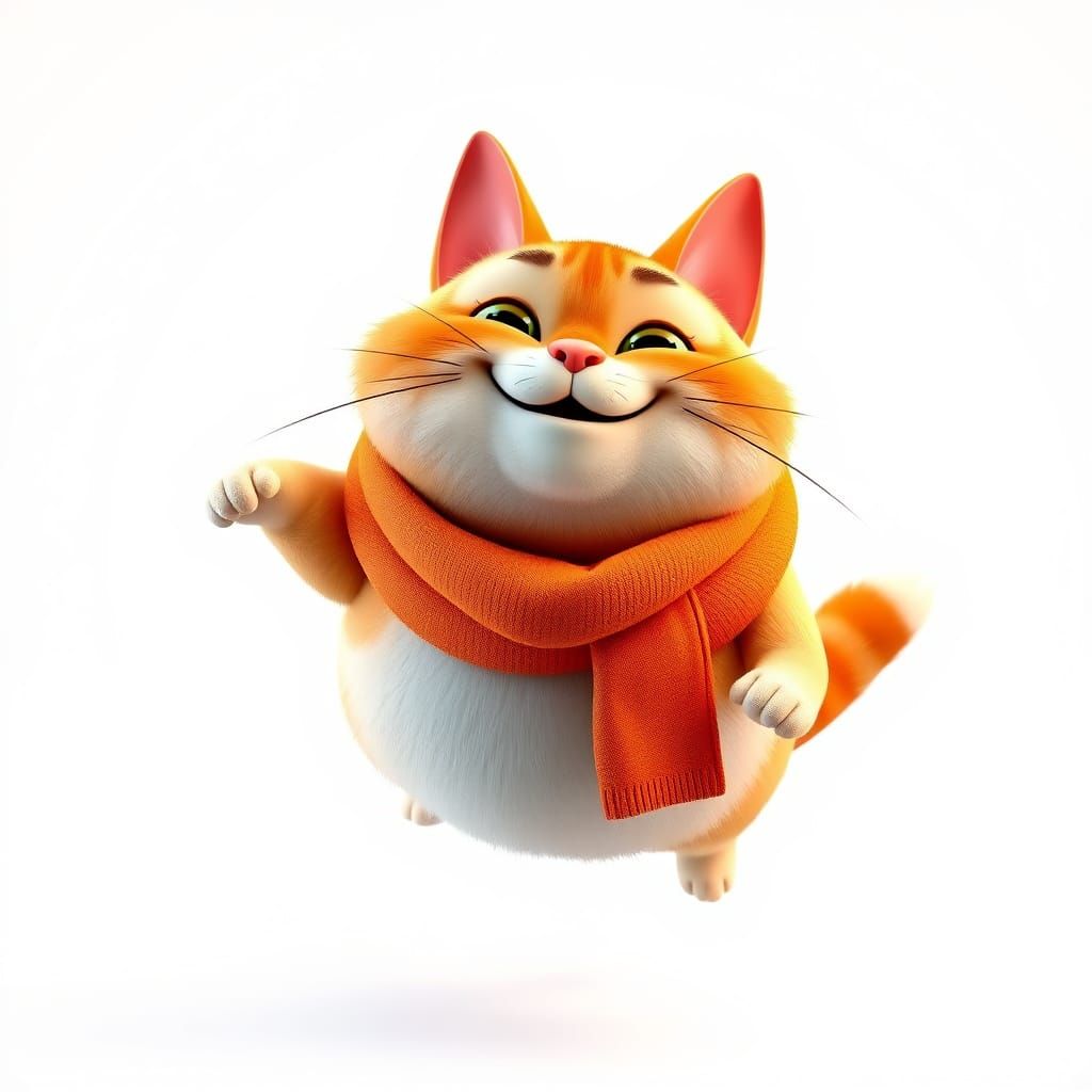 Jovial Floating Fat Cat in 3D Illustration Style