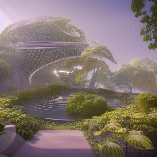 Futuristic Building with Magical Garden, Digital Painting