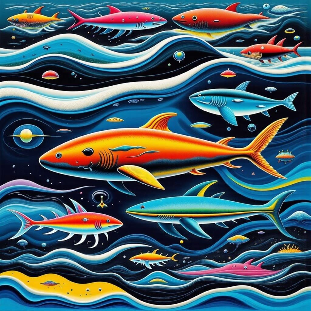 Bold Pop Art Scene with Vibrant Fish and Sharks
