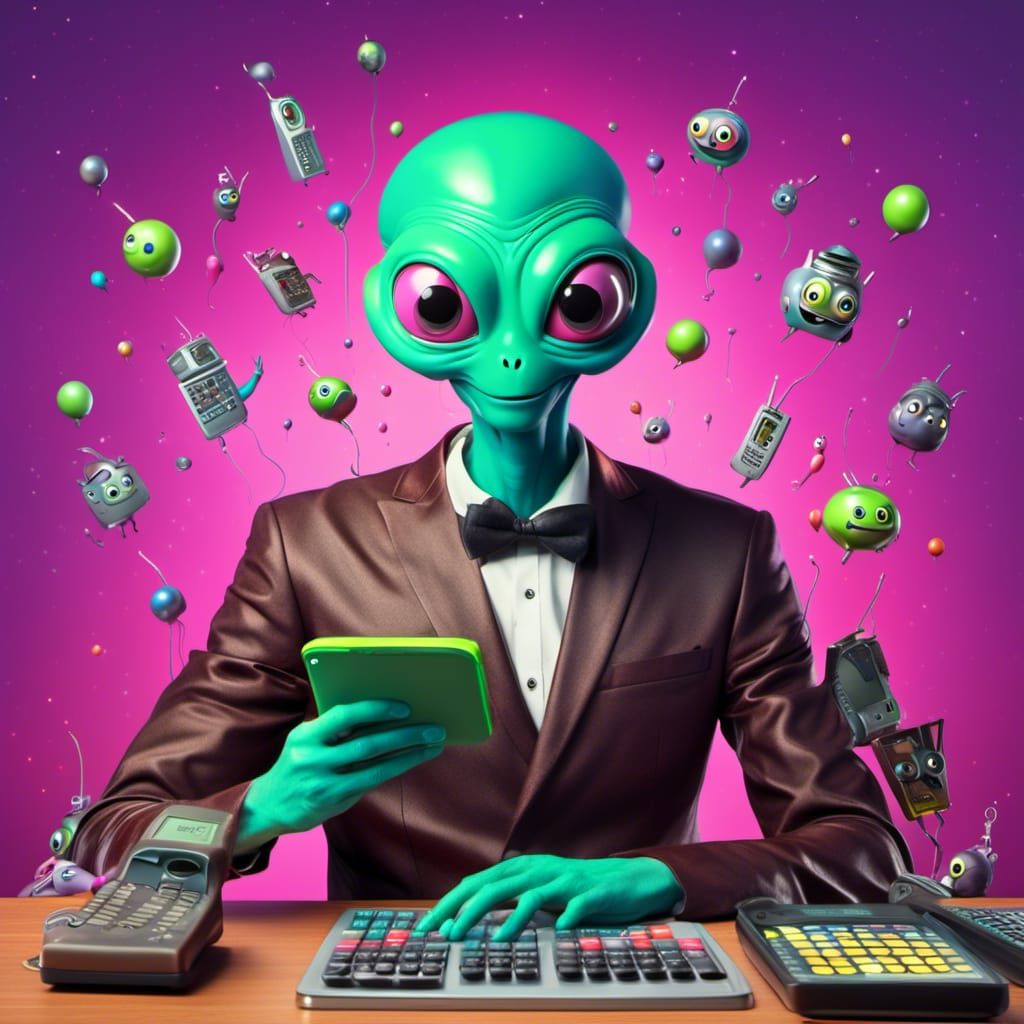 Humorous Alien with Calculator, Strong Expression
