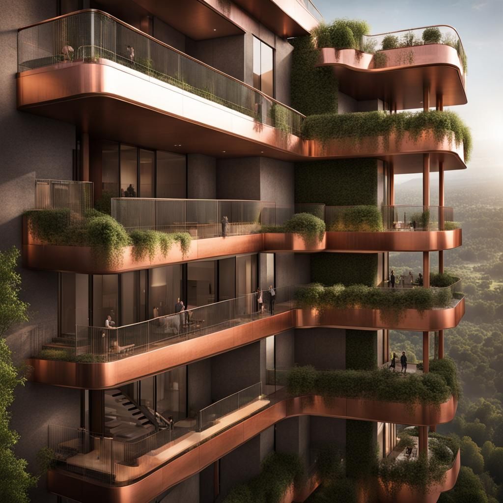 Futuristic Apartment Tower with Vines and Copper