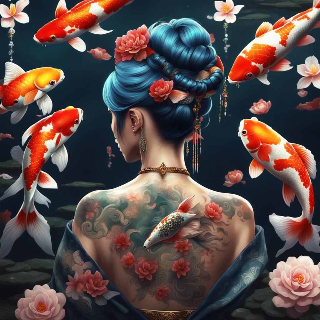 Yakuza Princess with Koi Tattoo: Detailed Matte Painting