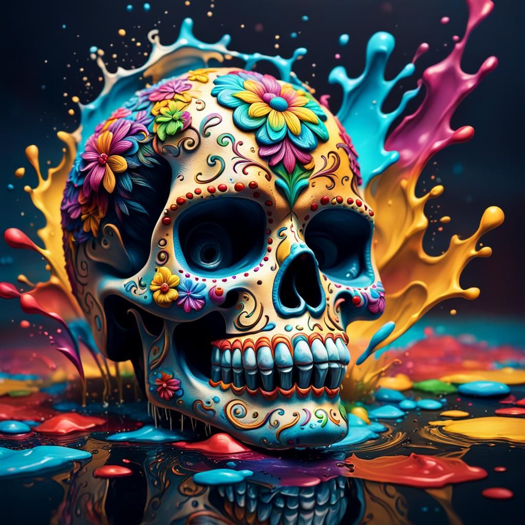 Intricately Detailed Hyperrealistic Sugar Skull Splash Art