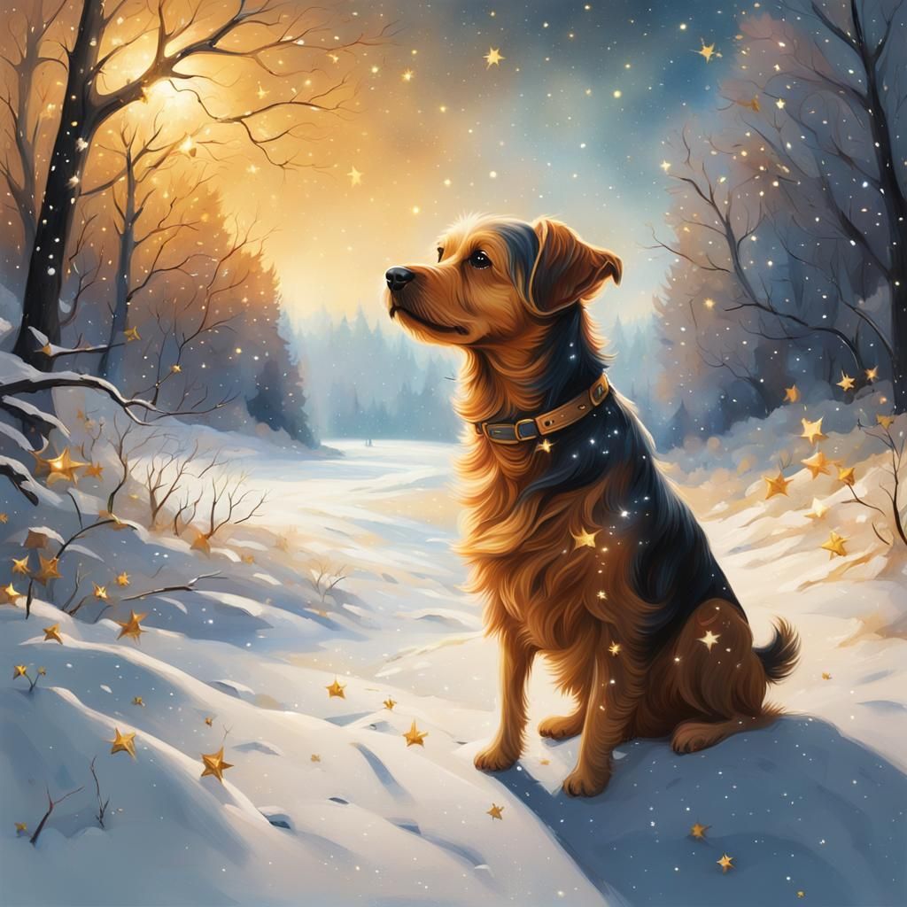 Golden Stars Light Winter Landscape with Dog